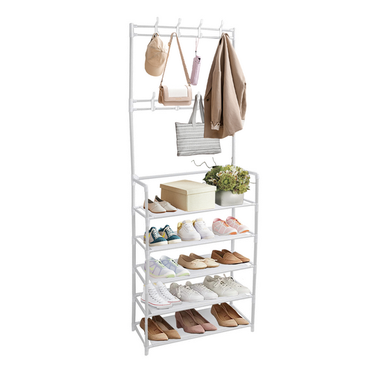 3-in-1 Entryway Coat Rack with Shoe Rack, 69" H Coat Clothes Rack Shoe Storage Shelves, Multipurpose Hat and Shoe Storage Rack with 5-Tier 8 Hooks, Suitable for Hat, Clothes,Key,White