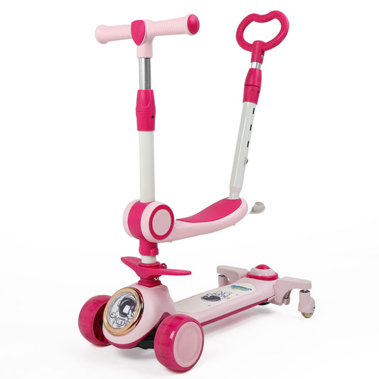 Crtynell Kids Kick Scooter With 3 Light Up Wheels, Toddler Scooter With Adjustable Handle And Folding Seat, 3-In-1 Toddler Men'S And Women'S Scooter With Push Bar Spinner, Kids Gift (Pink)