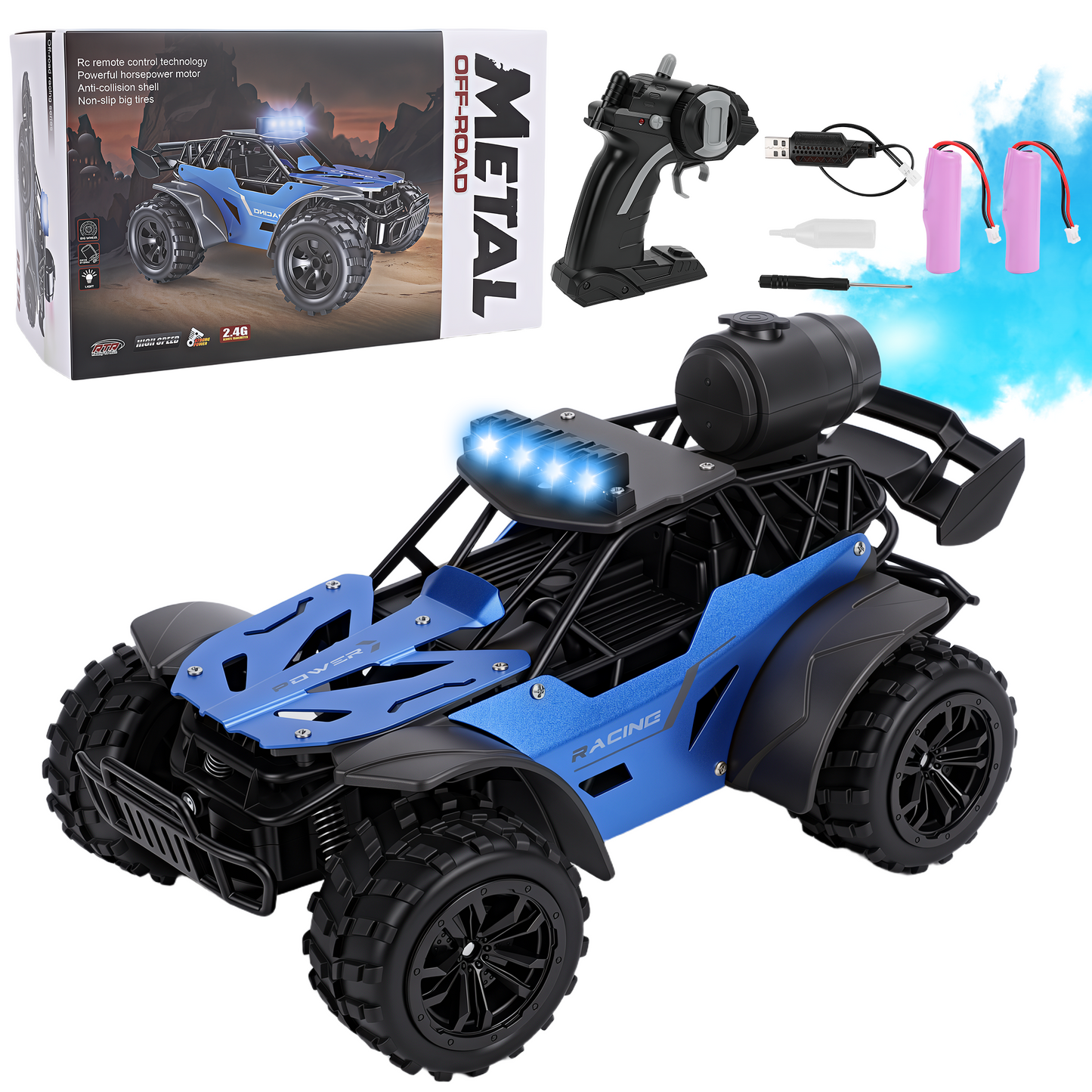 FAGINEY RC Cars with Spray Function 1:18 Off-Road Vehicle with LED Lights, 2 Batteries Included, Remote Control Toy Gift for Kids Adults, Blue