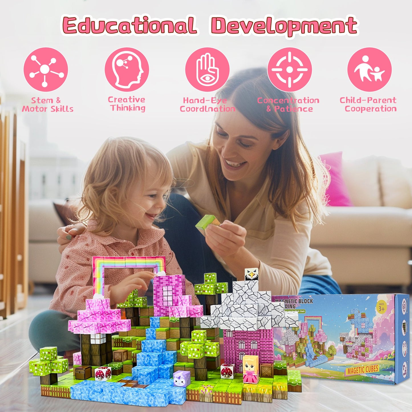 100 PCS Magnetic Blocks- magnetic block Pink Castle Set for 3-5 Years Old 6-8 Years Old Boys and Girls, Sensory Toys for Toddlers, Gifts for Birthday Christmas