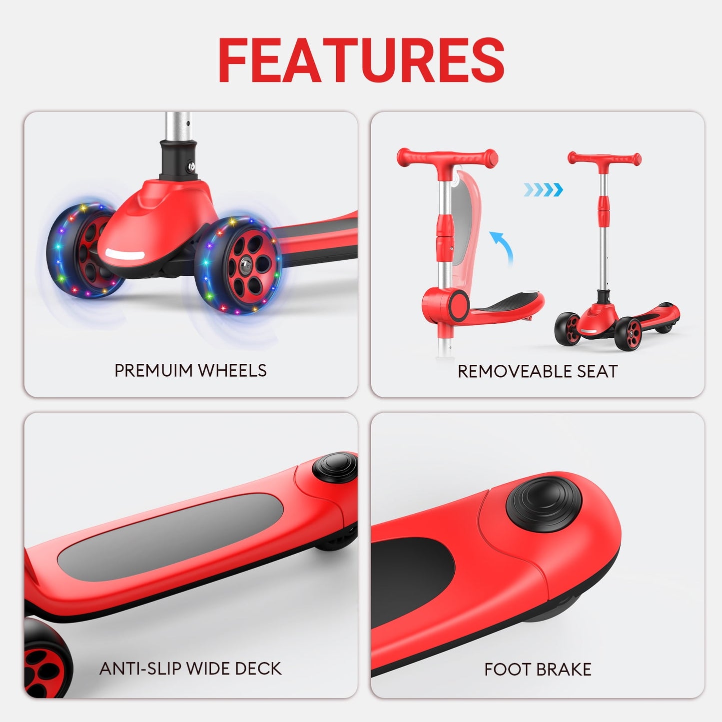 Kids Scooter with Removable Seat & 3 Extra Wide PU Light-Up Wheels, Adjustable Height Handlebar Kick Scooter for Kids Ages 2-12