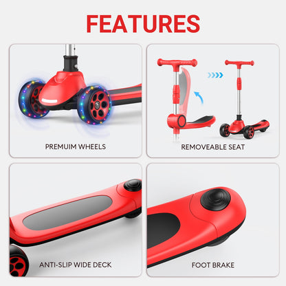 Kids Scooter with Removable Seat & 3 Extra Wide PU Light-Up Wheels, Adjustable Height Handlebar Kick Scooter for Kids Ages 2-12