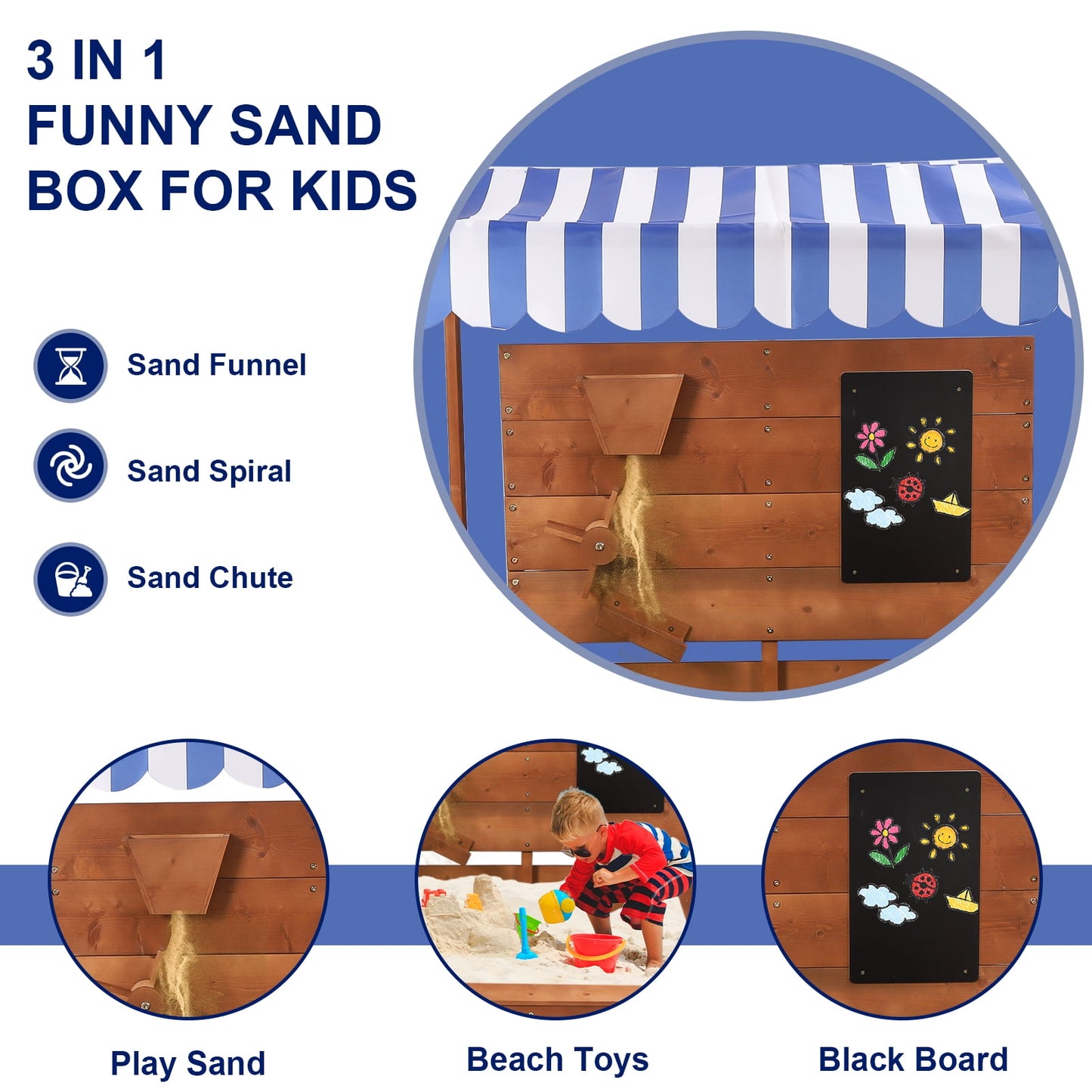 Wooden Sandbox with Cover, Sand Pit With Adjustable Cover & Sand Funnel & Drawing Board, Kids Outdoor Sand Box Play For Backyard, Garden, Beach, Outdoor Patio