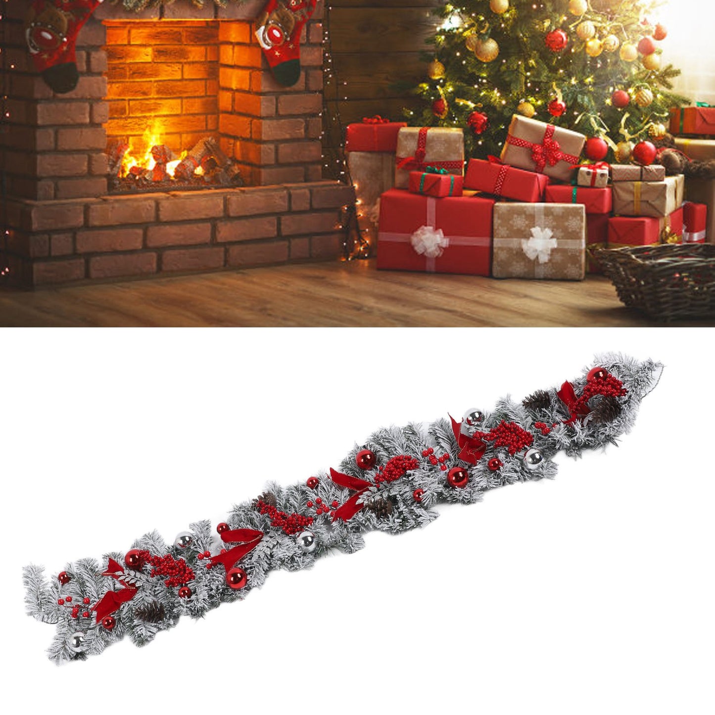 5FT Christmas Garland Red Berries White Pine Cones Snow Rattan Pendant Decoration for Indoor Outdoor Xmas Party Home