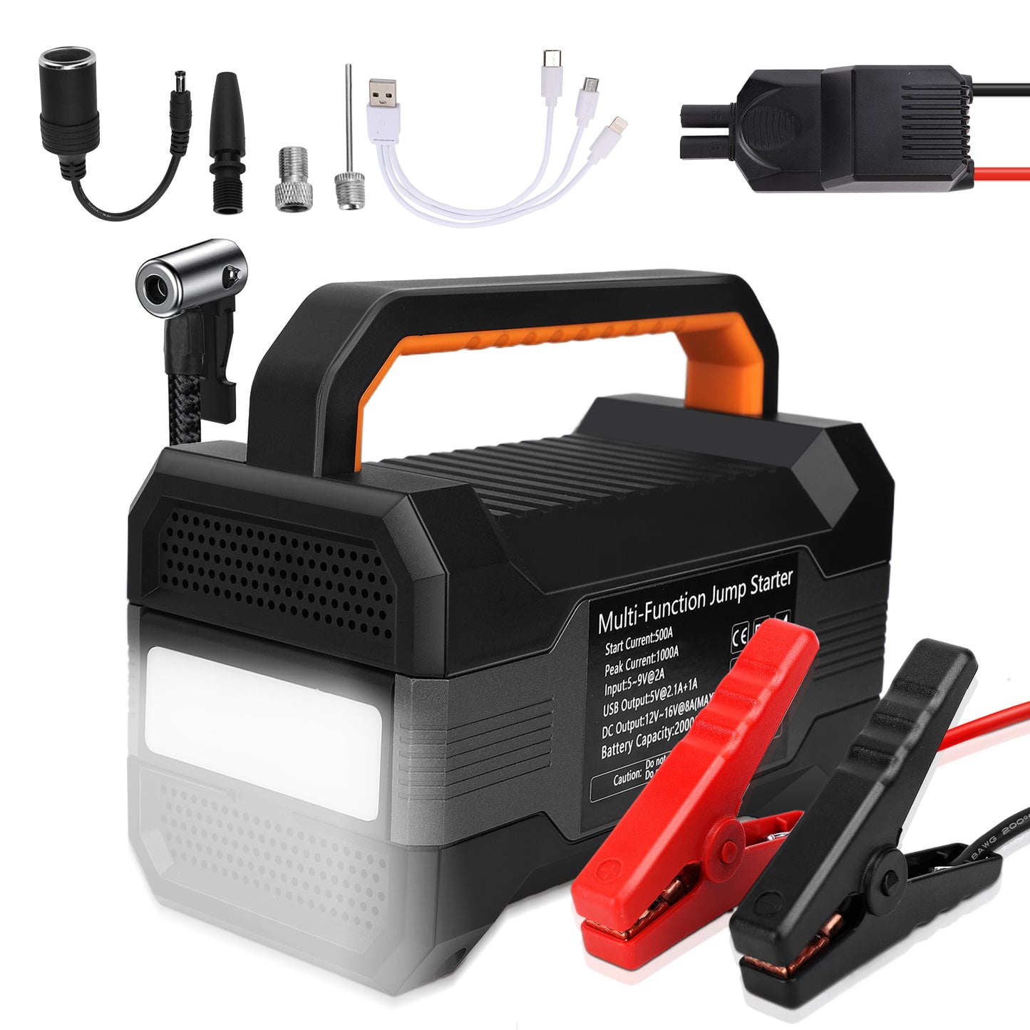 Car Jump Starter with Air Compressor,5000A Paek 20000mAh Car Battery for 8L Gas/7L Diesel Engine, 12V Jump Box Battery Jumper with 150 PSI Tire Inflator Air Pump & LED Light