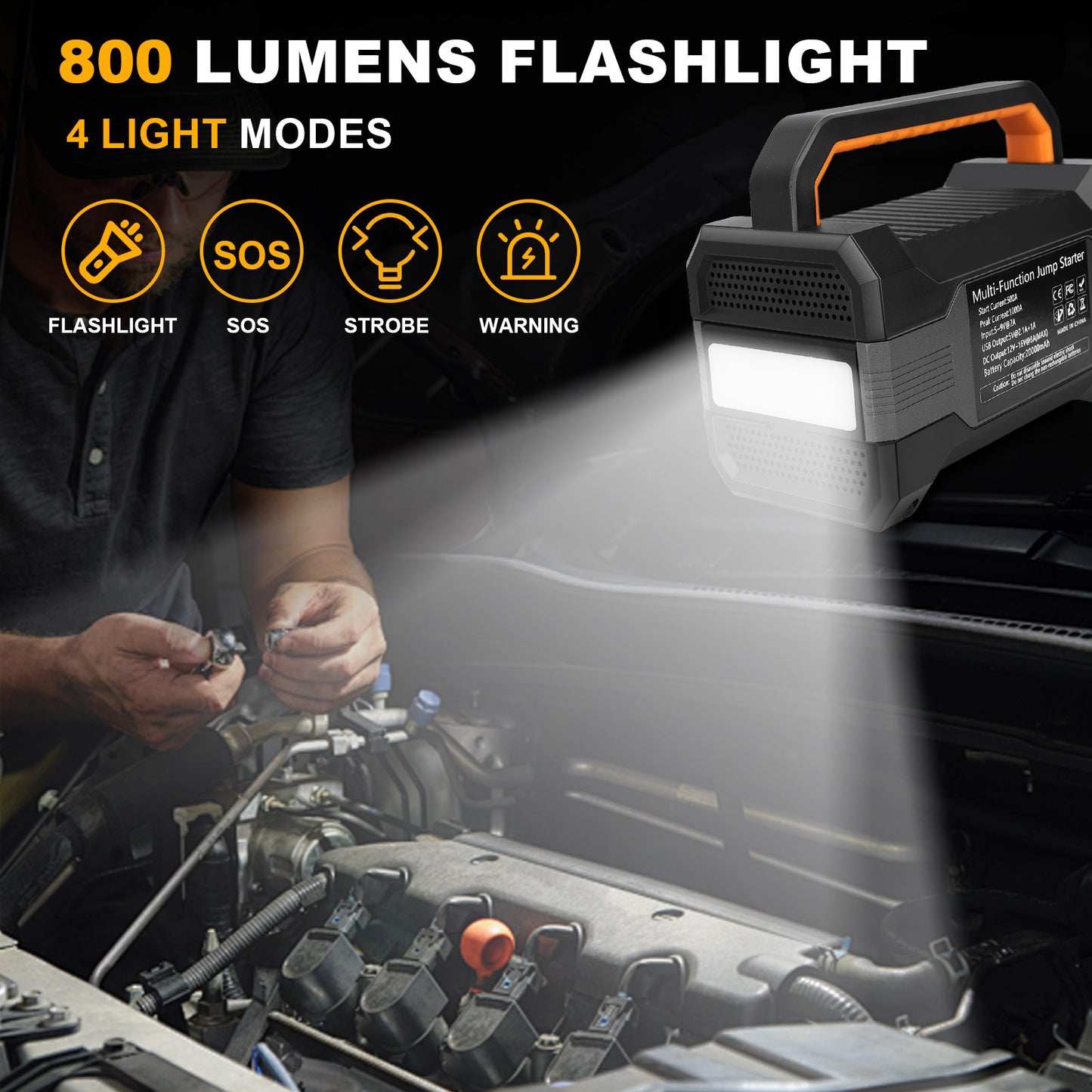 Car Jump Starter with Air Compressor,5000A Paek 20000mAh Car Battery for 8L Gas/7L Diesel Engine, 12V Jump Box Battery Jumper with 150 PSI Tire Inflator Air Pump & LED Light