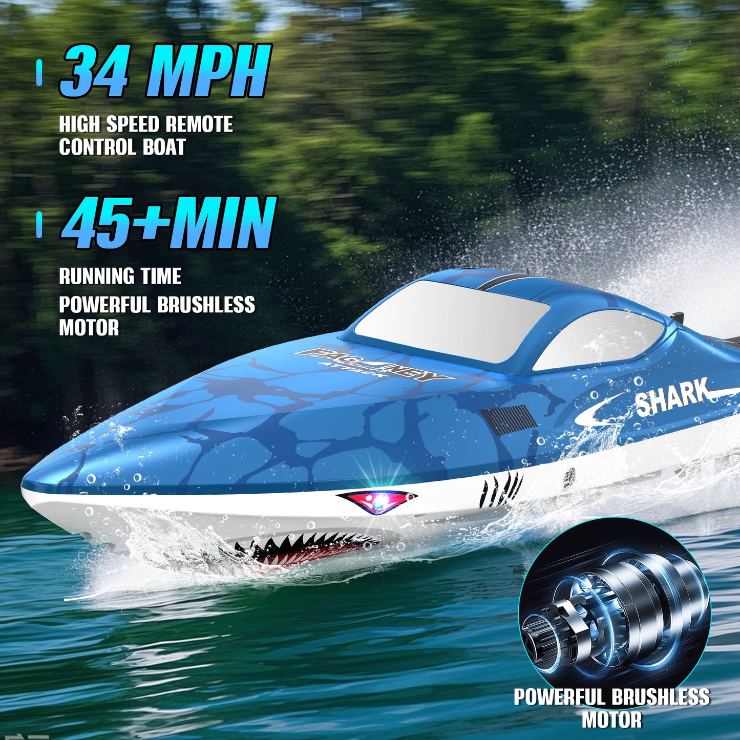 FAGINEY Brushless RC Shark Boat for Kids Adults, 34 mph (55 Kph) 2.4GHz Fast Remote Control Boat with Self-Righting, LED Lights