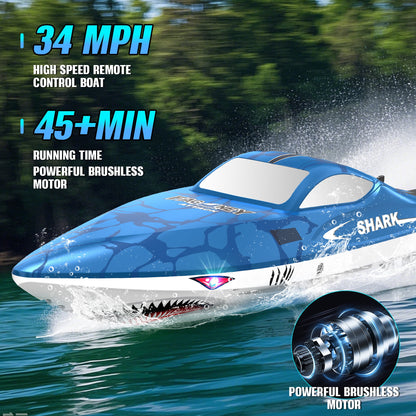 FAGINEY Brushless RC Shark Boat for Kids Adults, 34 mph (55 Kph) 2.4GHz Fast Remote Control Boat with Self-Righting, LED Lights
