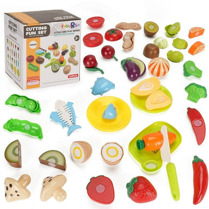 KALNUR 22 Pcs Pretend Food Play Food Cutting Set for Kids, Cuttable Fruits and Vegetables Toy Kitchen Accessories with Cutting Board, Educational and Birthday Gift for Toddlers, Kids, Boys, Girls