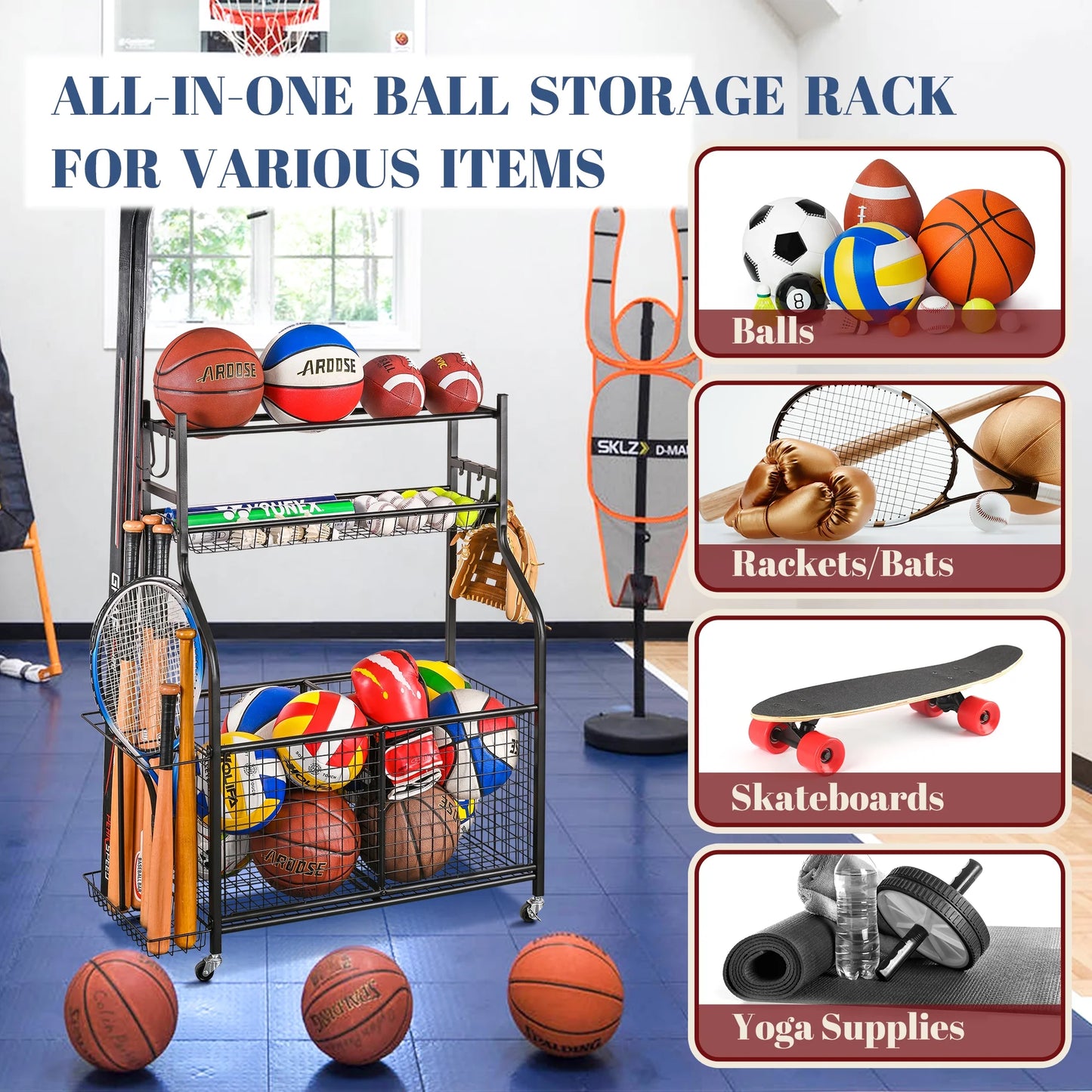 Garage Sports Equipment Organizer, Ball Storage with Hooks and Baskets for Indoor Outdoor