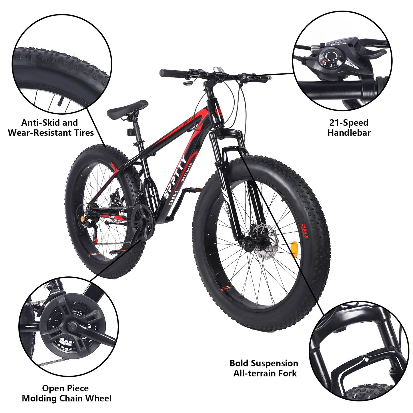 26" Fat Tire Mountain Bike,4" Non-Slip Wide Tires with 21 Speed,Dual Disc Brakes,Bicycle for Men and Women
