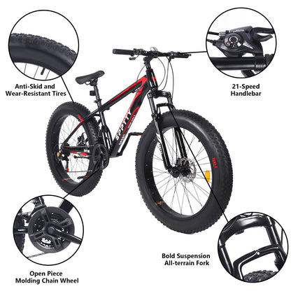 26" Fat Tire Mountain Bike,4" Non-Slip Wide Tires with 21 Speed,Dual Disc Brakes,Bicycle for Men and Women
