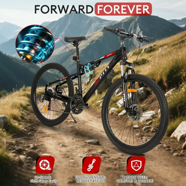 SPPTTY 26" Mountain Bike,Full-Suspension 21 Speed Drivetrain, Disc Brakes,Bicycle for Men Women Black