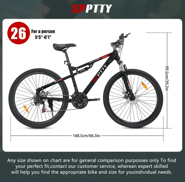 SPPTTY 26" Mountain Bike,Full-Suspension 21 Speed Drivetrain, Disc Brakes,Bicycle for Men Women Black