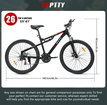 SPPTTY 26" Mountain Bike,Full-Suspension 21 Speed Drivetrain, Disc Brakes,Bicycle for Men Women Black