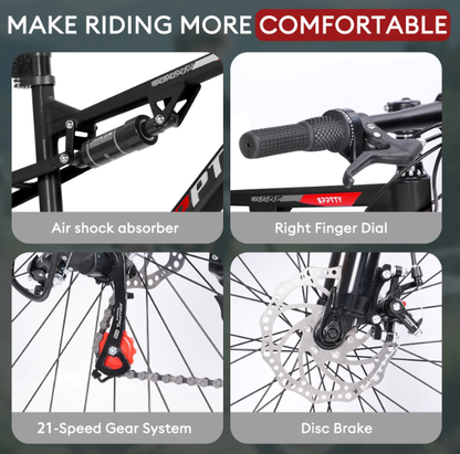 SPPTTY 26" Mountain Bike,Full-Suspension 21 Speed Drivetrain, Disc Brakes,Bicycle for Men Women Black