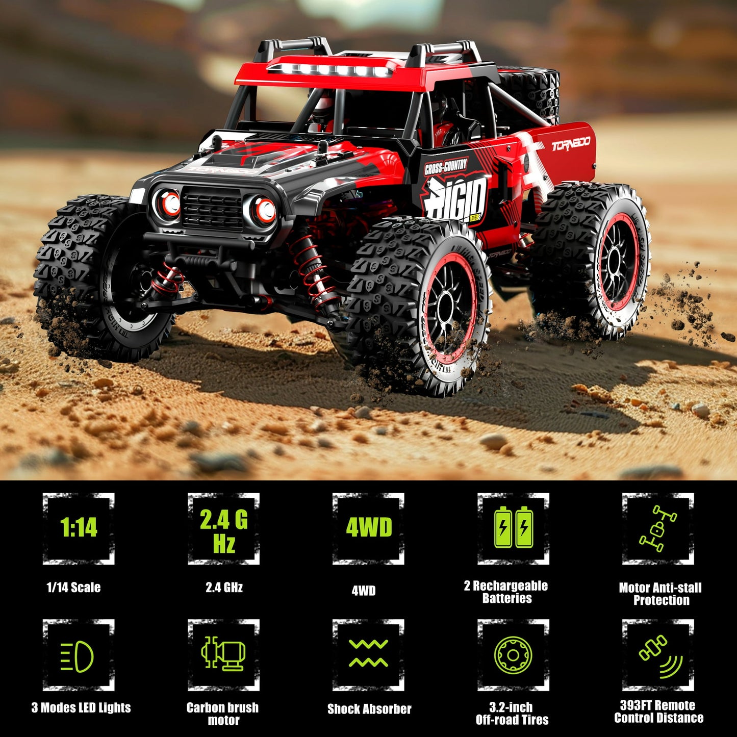 RC Cars 1:14 4WD High Speed Remote Control Truck 60+km/h Fast All Terrain Off Road RC Truck Toy Gifts for Kids Adults, 2 Batteries