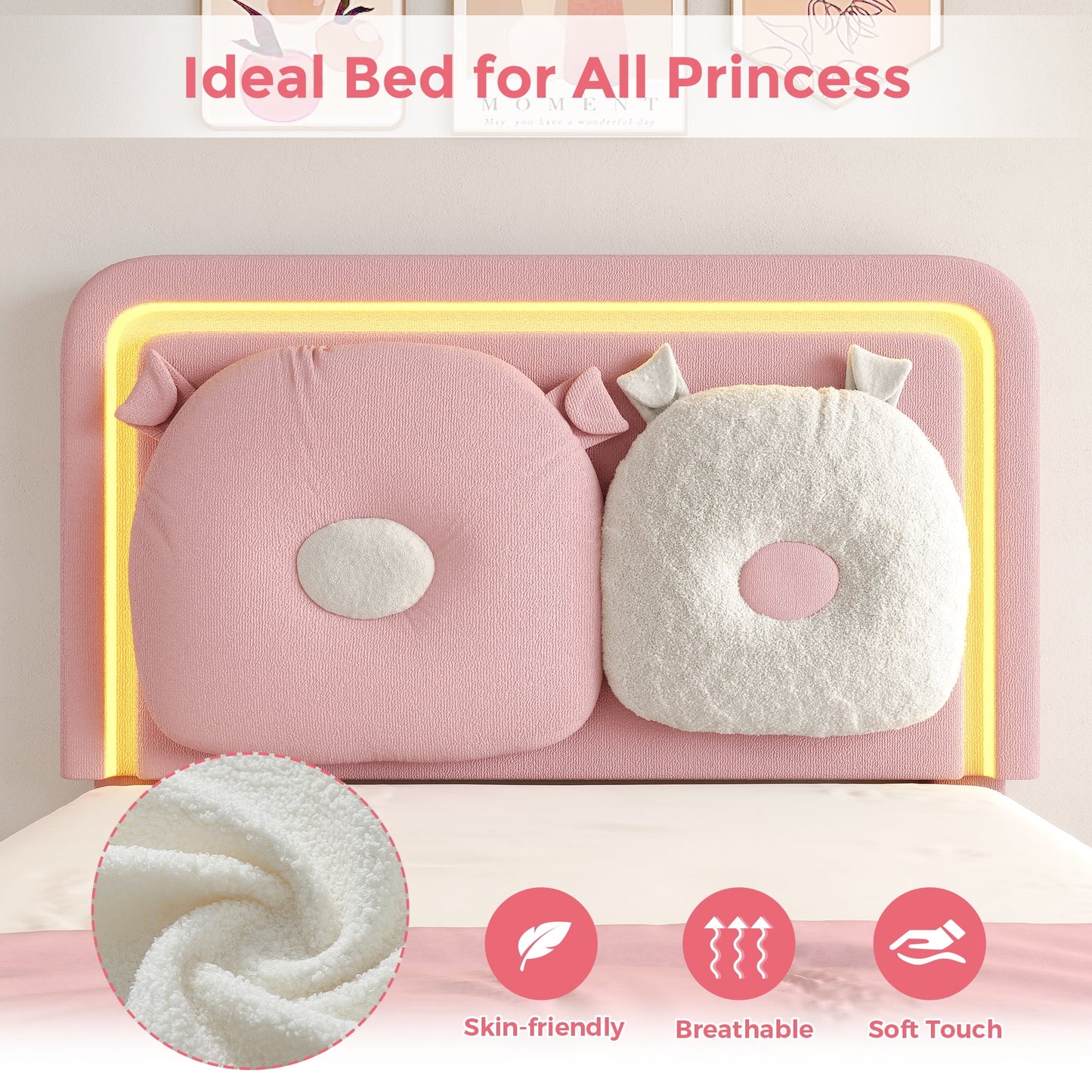 LAFGUR Twin Size Upholstered Bed Frame with LED Lights,Boucle Princess Platform Bed with Adjustable Headboard and Removable Pillows