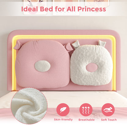 LAFGUR Twin Size Upholstered Bed Frame with LED Lights,Boucle Princess Platform Bed with Adjustable Headboard and Removable Pillows