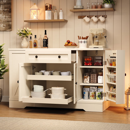 LAFGUR 54" Kitchen Storage Cabinet,Farmhouse Buffet Sideboard with Pull-Out Shelves & Drawer,White