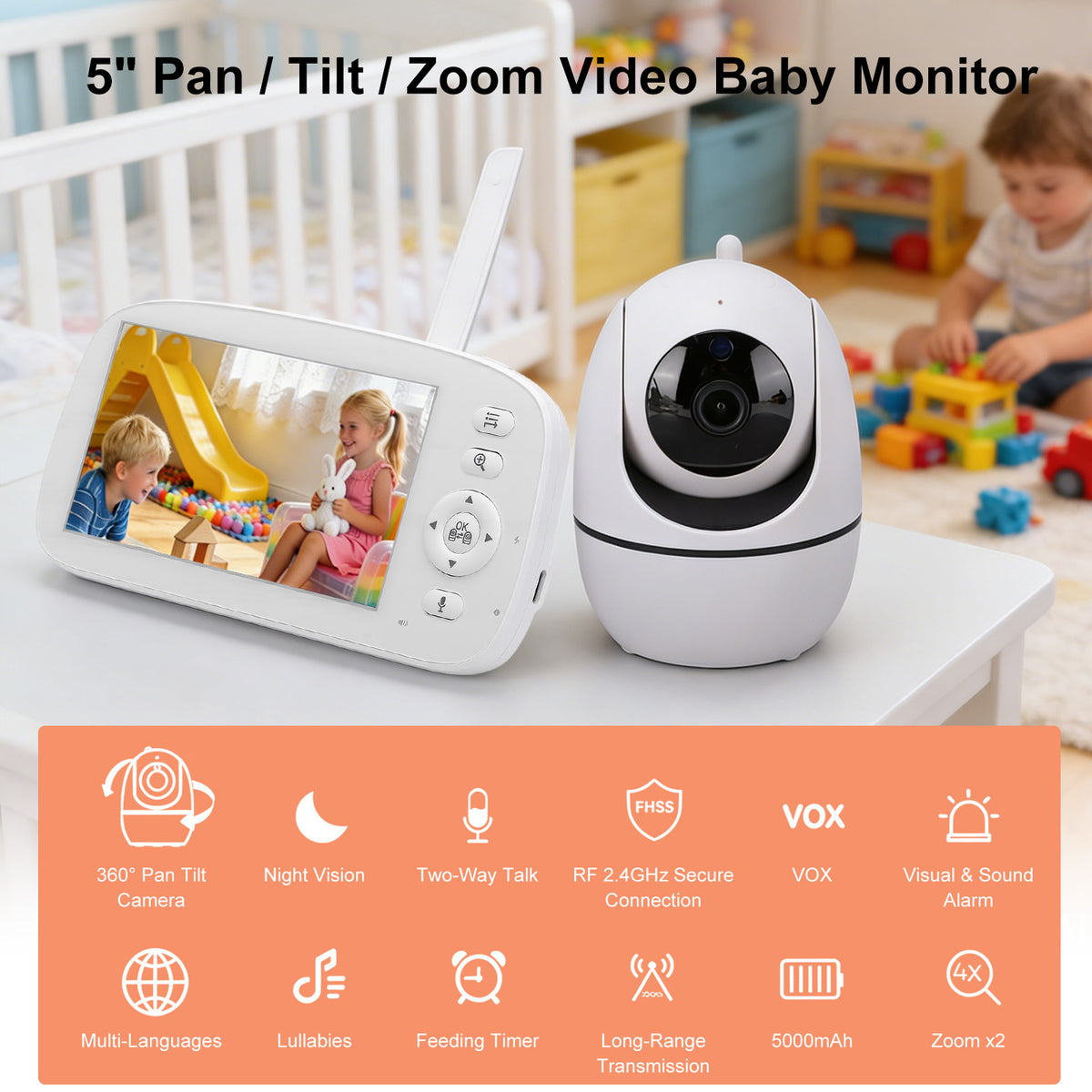 Baby Monitor No WiFi Upgrade with Camera and Audio 5 Inch LCD Screen 720P with 360° Pan Tilt 2X Zoom Night Vision 35hrs Standby Time for Multi Room Monitoring