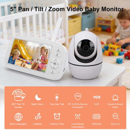 Baby Monitor No WiFi Upgrade with Camera and Audio 5 Inch LCD Screen 720P with 360° Pan Tilt 2X Zoom Night Vision 35hrs Standby Time for Multi Room Monitoring