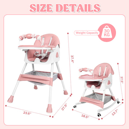 Loewten 4-in-1 Baby High Chair,Portable Folding Dining Chairs with Adjustable Height for Baby and Toddlers,Eat & Play with Five-Point,Pink