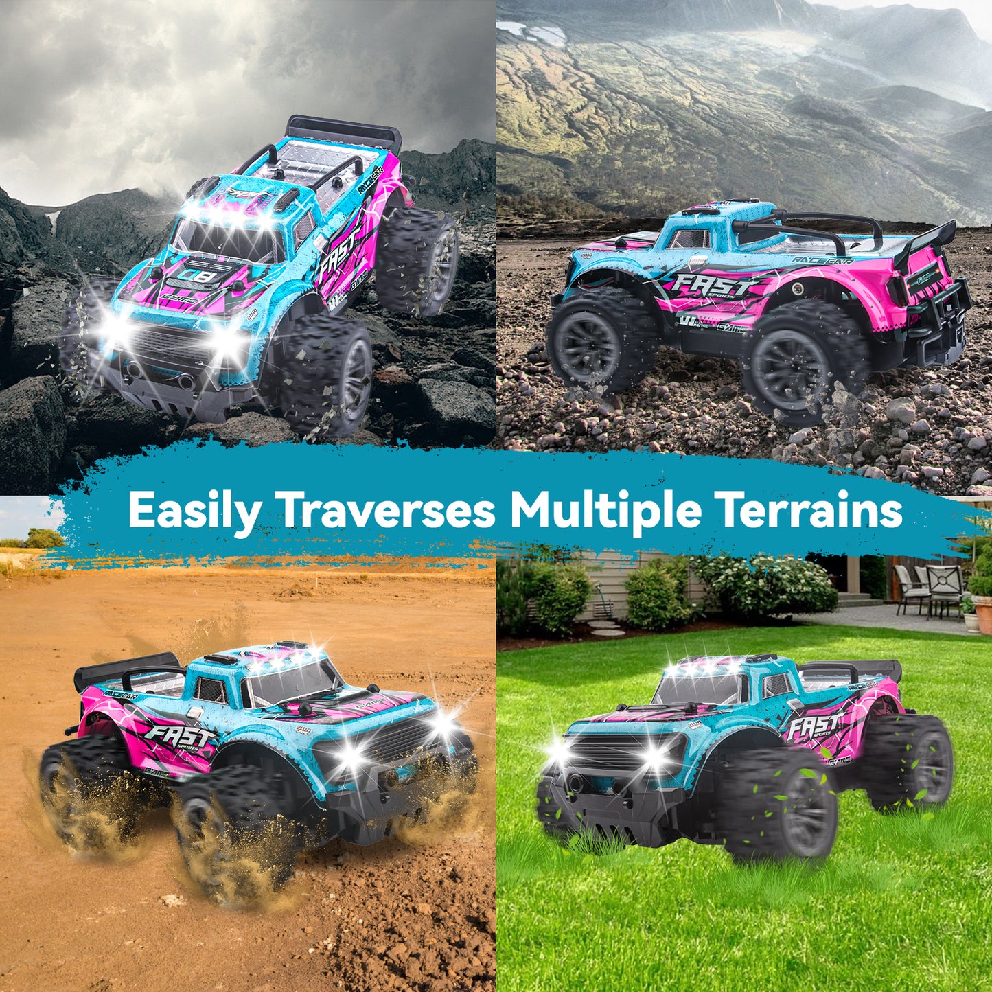 DOMQGA Remote Control Car for Boys Girls,1:20 Off Road RC Car with Cool Lights,2.4 GHz RC Monster Truck All Terrains Electric Toy Car with 2 Rechargeable Batteries