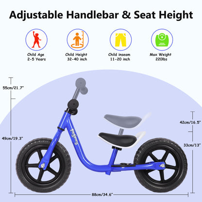 12-Inch Balance Bike No Pedal Lightweight Bike for Boys Girls 1.5 to 4 Years Old, Toddler Bike with Adjustable Seat, Carry Handle
