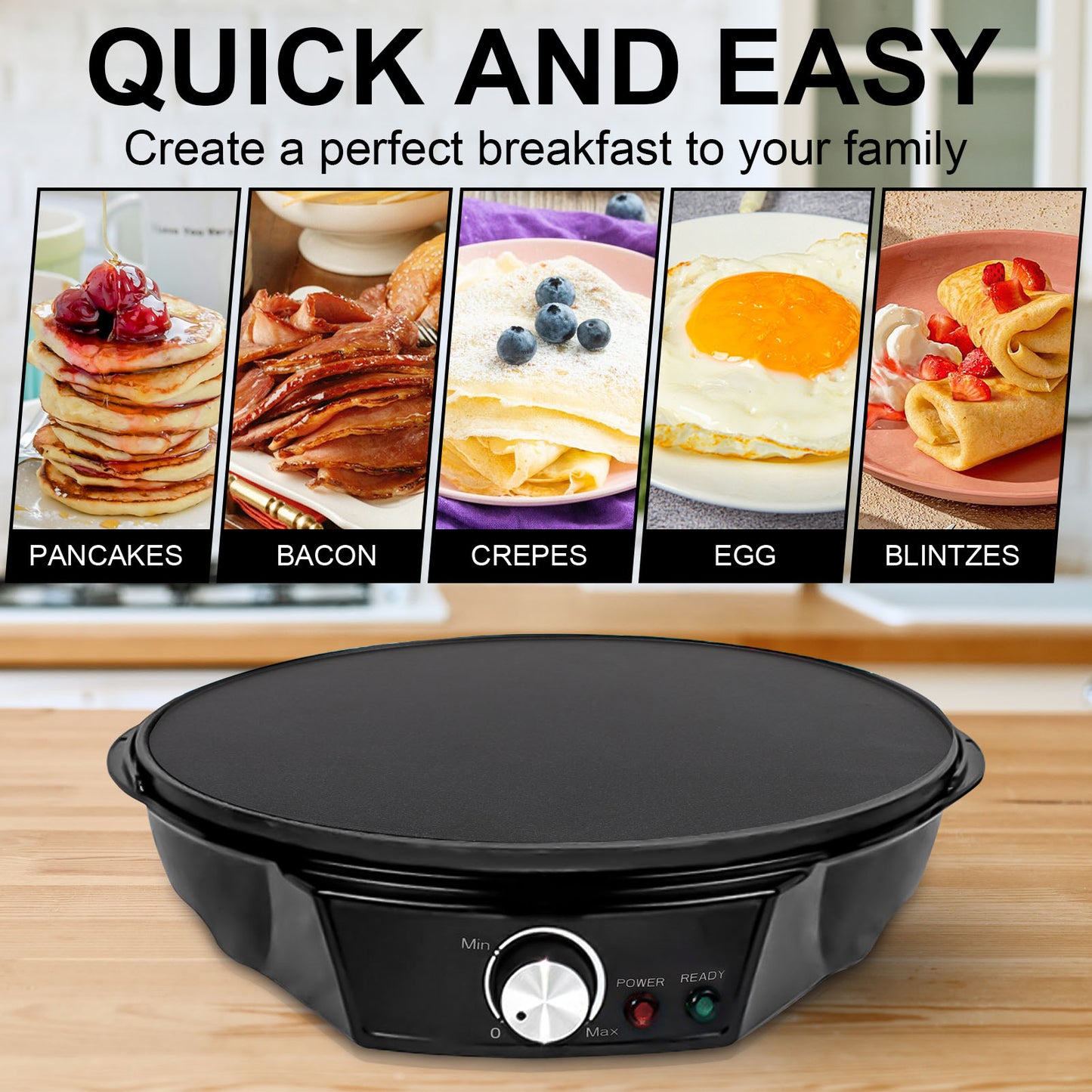 12" Griddle & Crepe Maker, Non-Stick Electric Crepe Pan W/Batter Spreader- Dual Use for Blintzes Eggs Pancakes, Adjustable Temperature Settings for Breakfast or Dessert