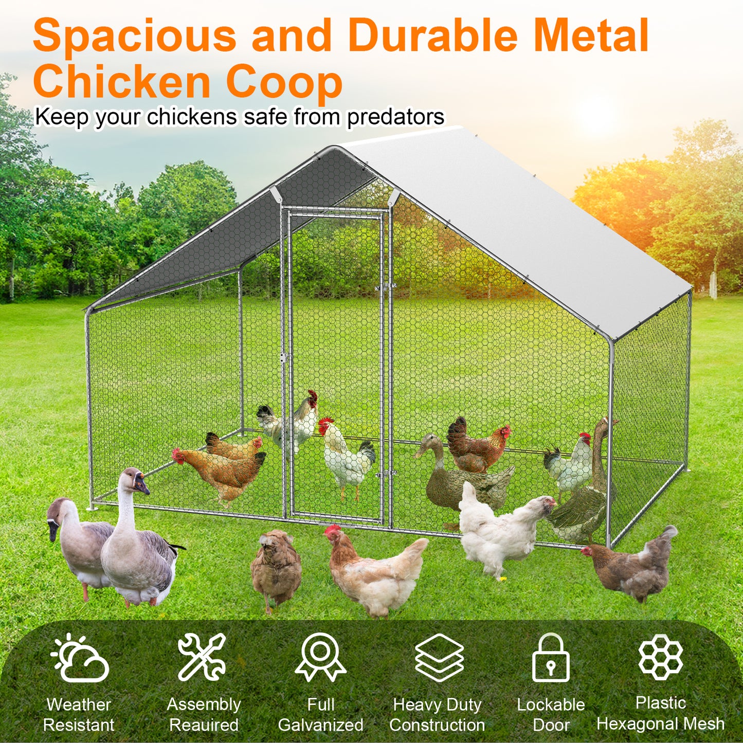 LAFGUR Chicken Run Coop , Large Metal Chicken Coop Spire Shaped, Walk-in Hen Cage, Outdoor Poultry Cage with Waterproof Cover and Wire Mesh for Backyard,Yard Outdoor