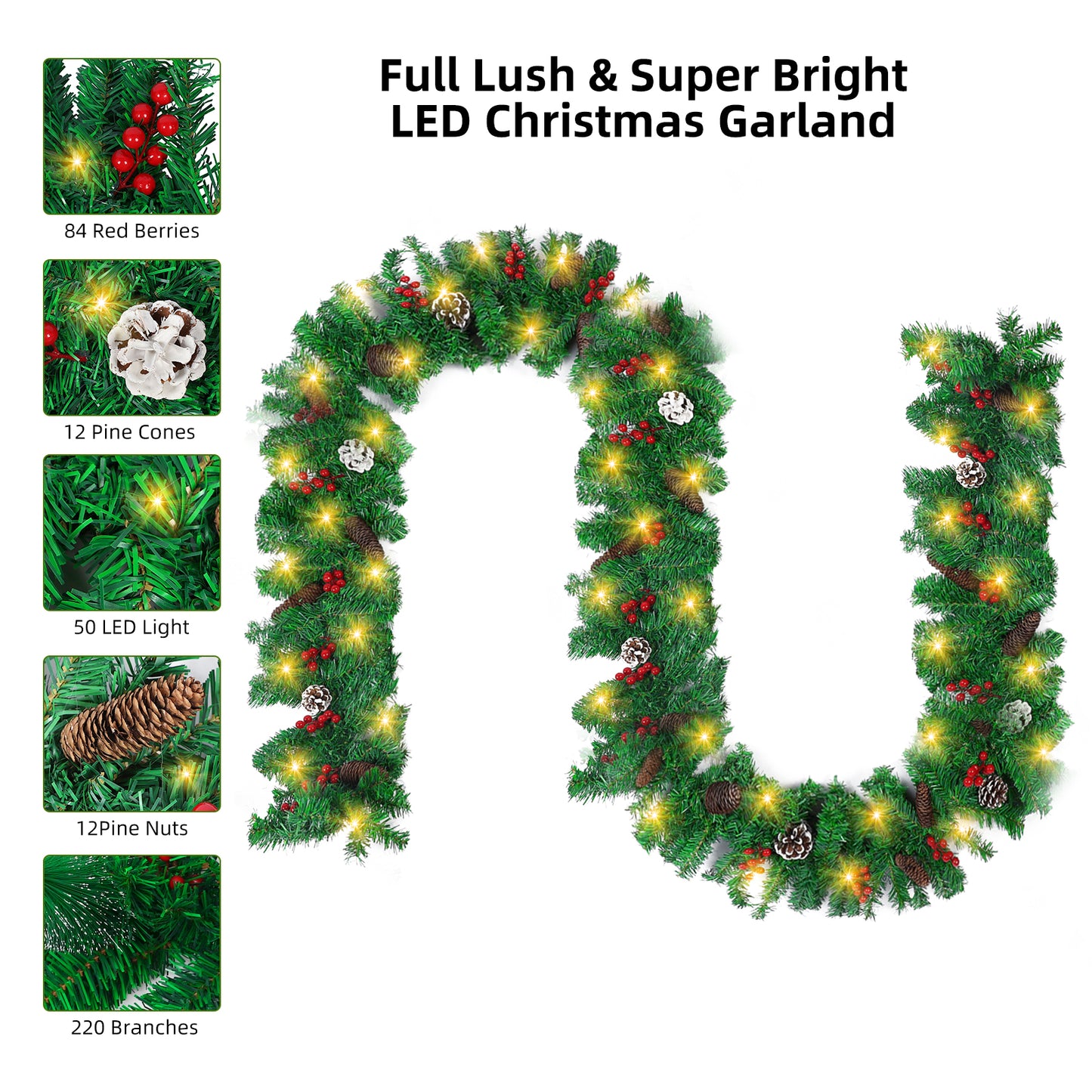 9FT Christmas Garland Decoration with 50 LED 8 Modes Lighting Effect Battery Operated,Pre-Lit Lighted Garland with Pine Cones Red Berries for Xmas Holiday Stairs Fireplaces Indoor Outdoor Decor