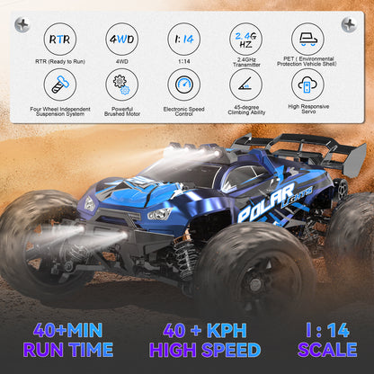 RC Cars for Adults Fast 60+KM/H 1:14 Waterproof Off-Road RC Truck 4WD All Terrain High-Speed Remote Control Car Toy Gifts for Kids Boys, 2 Batteries