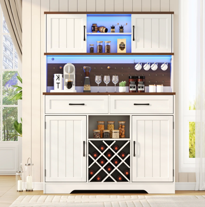 72" Kitchen Storage Cabinet with Power Outlet & LED Light, Coffee Bar Cabinet with Drawers & Wine Glass Rack,Sideboard for Home,White