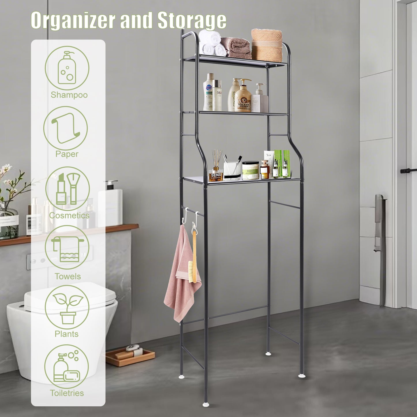 Over The Toilet Storage, 3-Tier Bathroom Storage Organizer, Bathroom Space Saver, Freestanding Corner Stand, Over Toilet Shelf, 60"H,Black