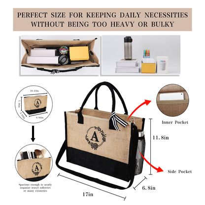 Initial Jute Tote Bag & Makeup Bag with Zipper Pockets Adjustable Strap, Beach Tote Bag Travel Essential Gift for Women Girls