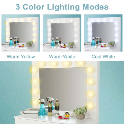 Vanity Desk with Stool, Makeup Table with 12 LED Bulbs Mirror, 3 Color Lighting Modes, Brightness Adjustable, Dressing Table with Drawers, Bedroom Vanity Table Set for Women, White