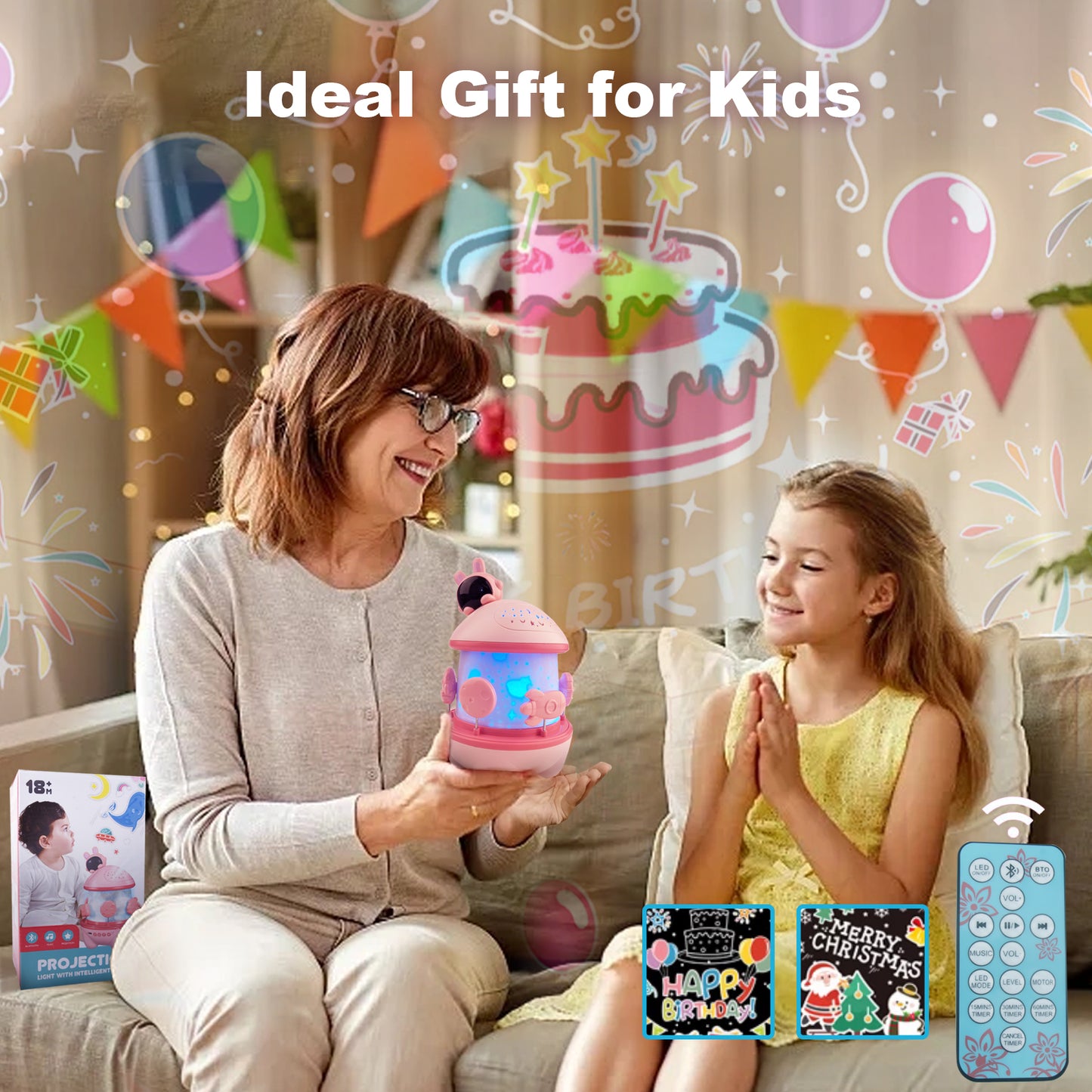 DOMQGA Night Light Projector,12 Films Soothing Sound Remote 360° Baby Night Light Projector,Birthday Christmas Gifts Kids Toys,Pink