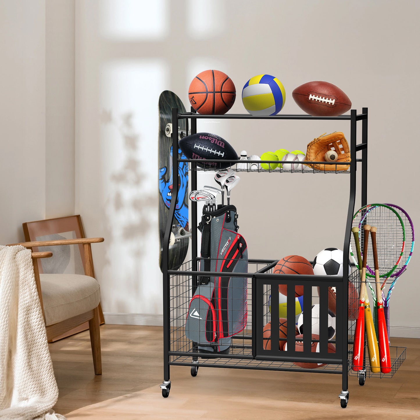 Garage Storage System, Garage Organizer with Baskets and Hooks, Sports Equipment Organizer for Sports Gear/Toys