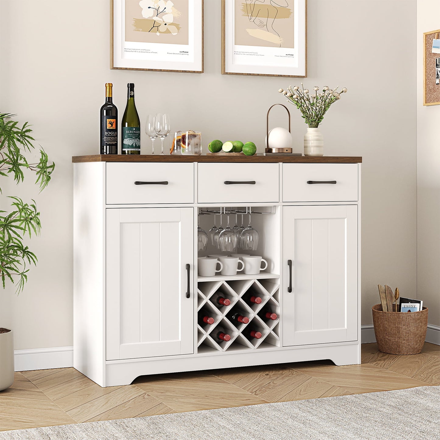 Kitchen Buffet Sideboard Cabinet, 3 Drawers Farmhouse Coffee Bar Storage Cabinet with Adjustable Shelf, White-5539725456