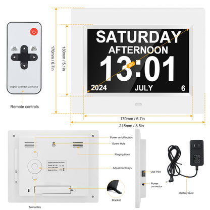 Crtynell Digital Day Calendar Clock Multifunctional Extra Large Dementia Digital Clock with 5 Alarms and Medication Reminders Impaired Vision Digital Clock (8" White)