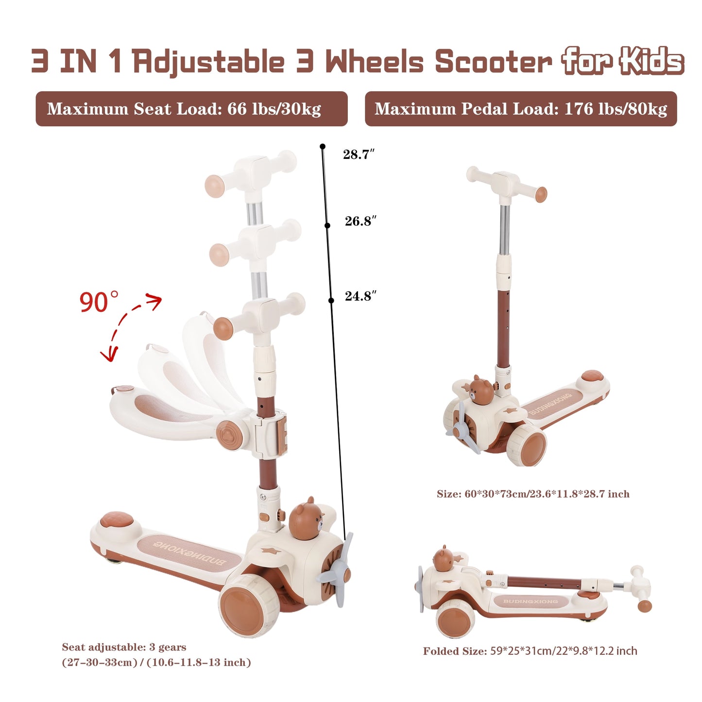 Kids Scooter 3-Wheel Light-up Folding Height Adjustable Kick Scooter for Boys Girls Ages 1-5, Sit or Stand Ride Scooter for Kids Gifts