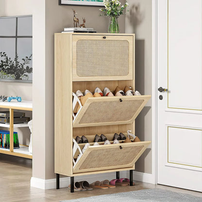 3 Flip Drawer Shoe Cabinet Natural Rattan Organizer Freestanding Wooden Shoe Rack Storage Cabinet with Wood Legs for Entryway Hallway Bedroom Mudroom-6286201371