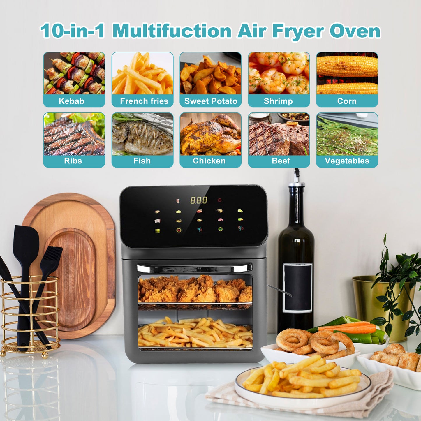 Stainless Steel Air Fryer 16QT Convection Oven with 5-in-1 Multi Function, Visible Window and Touchscreen, Black