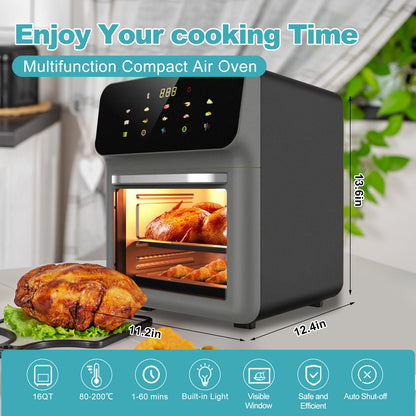 Stainless Steel Air Fryer 16QT Convection Oven with 5-in-1 Multi Function, Visible Window and Touchscreen, Black