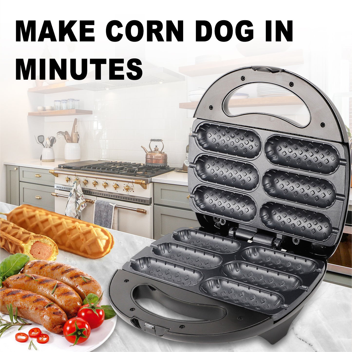 Corn Dog Waffle Maker,850W Hot Dog Waffle Machine with Non-stick Coating Plate, 6 Corn Dogs Maker Toaster Make,Black
