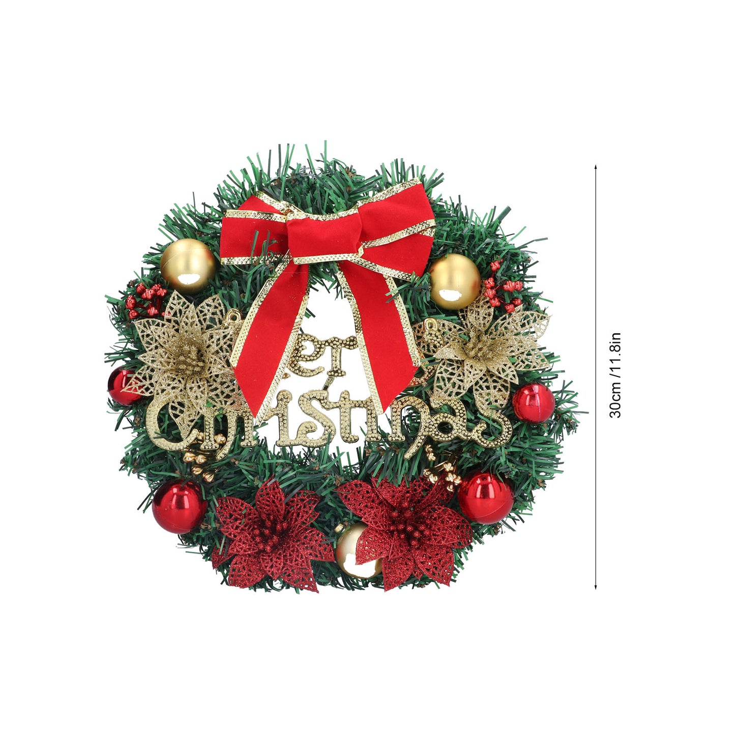 Christmas Wreath Reef for Front Door Outside,12inch Artificial Xmas Garland with Bowknot,Poinsettia Flowers,Bells,Xmas Pinecones Decor