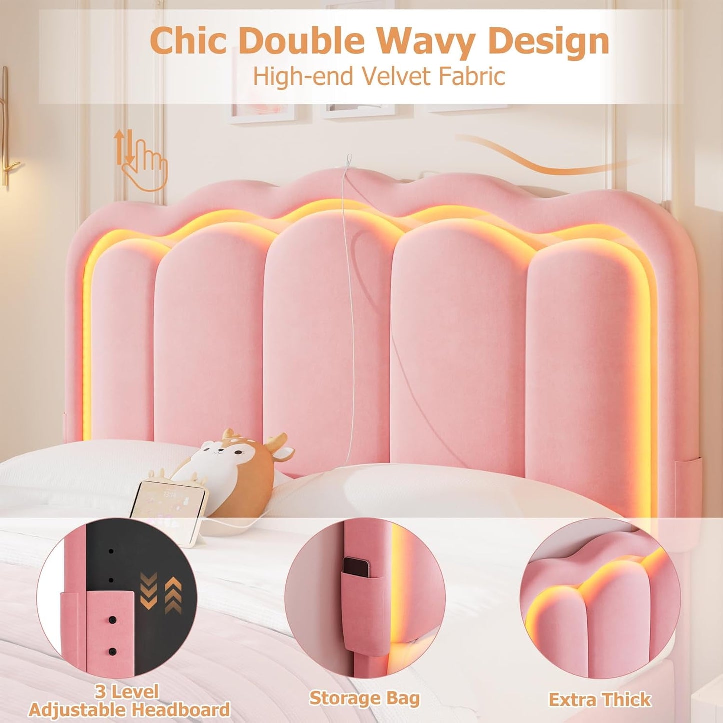 LAFGUR Full Size LED Bed Frame with 2 Storage Drawer and Adjustable Wavy Headboard,Velvet Upholstered Platform Bed with Charing Station