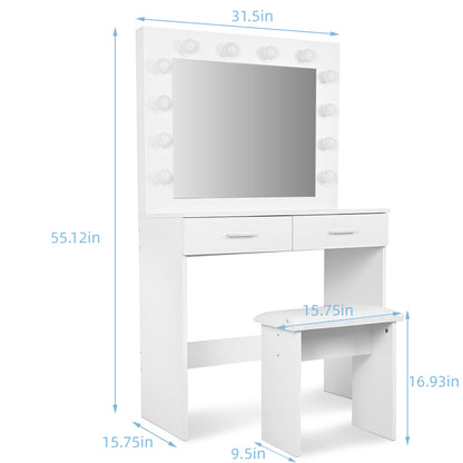 Vanity Desk with Stool, Makeup Table with 12 LED Bulbs Mirror, 3 Color Lighting Modes, Brightness Adjustable, Dressing Table with Drawers, Bedroom Vanity Table Set for Women, White