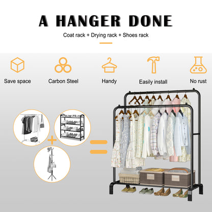 Clothing Garment Rack,Double Rails Closet Clothes Rack with Bottom Shelves and 4 Hooks,Freestanding Clothes Organizer Rack for Hanging Clothes Black